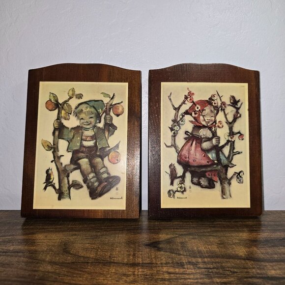 Vintage Set MCM Hummel Wall Plaques Boy & Girl On Trees Wooden Backing Rustic - Picture 2 of 12
